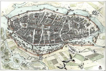 Middle Ages: aerial view of Lubeck, Germany, 15th century, showing its geographic position on an island. Illustration by Giorgio Albertini.