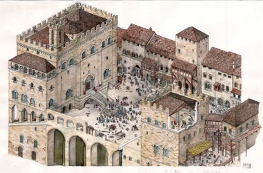 Middle Ages: aerial view of the central square of Gubbio, Umbria, Italy, 14th century. Consuls Palace visible on the left.