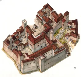 Middle Ages: Aerial View of the Fortified Quarter of Montegiordano in Rome, 13th Century, Italy