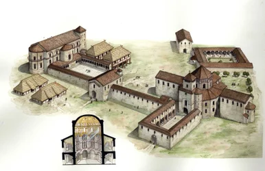Middle Ages: Palace of Charlemagne, Aachen, Germany. Illustration by Giorgio Albertini