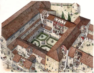 Middle Ages: Reconstruction of a Monastery and the Life of Nuns or Monks, Illustration by Giorgio Albertini