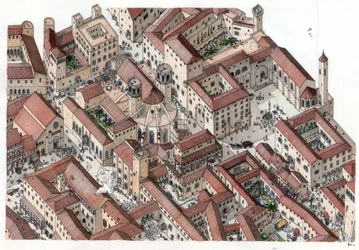 Middle Ages: reconstruction of the historic Barri Gotic district in Barcelona in the 14th century. The Cathedral of Saint Eulalia is visible. Illustration by Giorgio Albertini.