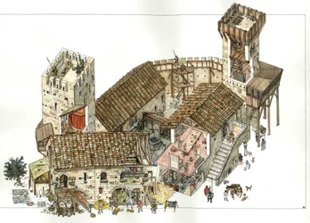 Middle Ages: Reconstruction of a Castle in Central Italy in the 13th Century. Illustration by Giorgio Albertini