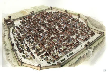 Middle Ages: Reconstruction of the Fortified Town of Cherasco at its Foundation in the 13th Century, Italy