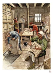 Middle Ages: representation of a woodworking workshop in the 15th century.