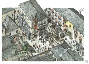 Middle Ages: view of a palace of the merchant nobility in Genoa, 15th century, Italy. Illustration by Giorgio Albertini.