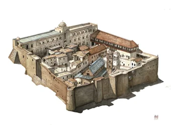 Overview of the Orthodox monastery of St. Catherine of Sinai, Egypt. Illustration by Giorgio Albertini.