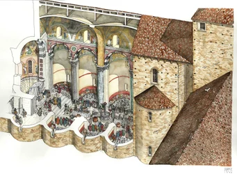 Reconstruction of the Basilica of St. John Lateran in the 8th century, showing the triclinium and the inauguration ceremony of a pope. Rome.