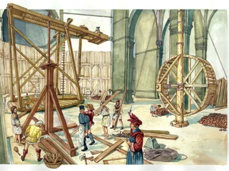 Renaissance: reconstruction of the construction site of the dome of Santa Maria del Fiore, designed by Filippo Brunelleschi, 1436, Florence, Italy. Illustration by Giorgio Albertini.