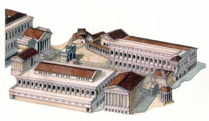 Roman antiquity: reconstruction of the Roman forum during the time of Emperor Augustus.