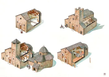 Romanesque art: description of the construction stages with sections showing the progress of the construction site and the interior of the Abbey of St. Vincent de Galliano, including the Basilica of Saint Vincent and the Baptistery
