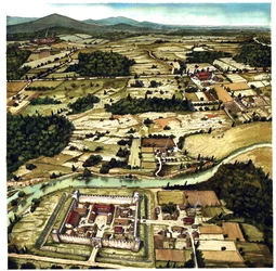 View of a typical landscape of the High Middle Ages, with fortress in the foreground, France. 6th-11th century