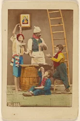 Unidentified Man with Moustache Making Pasta, Three Boys Either Eating It or Helping Him Make It