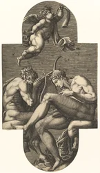 Apollo, Pan, and a Putto Blowing a Horn, from a Series of Eight Compositions After France
