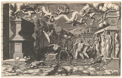 The Vision of Ezekiel, a Group of Corpses and Skeletons Emerging Out of Tombs