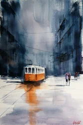 Orange Tram City Rain