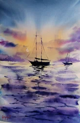 Purple Sunset Sailboats