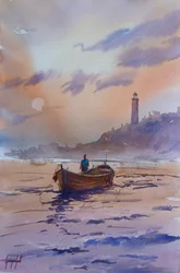 Sunset Lighthouse Boat