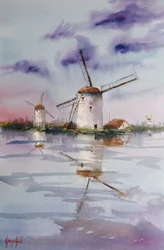 Twilight Windmill Reflections