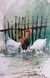 Watercolor Farm Chickens