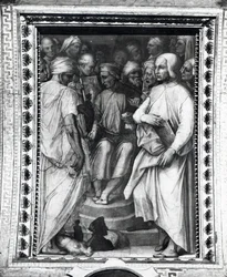Cosimo de Medici seated among philosophers and artists in the Sala di Cosimo il Vecchio