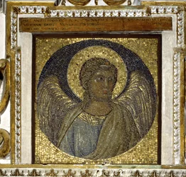Angel. Fragment of the pod. Mosaic with a gold background made by Giotto di Bondone and architecture of Maderno