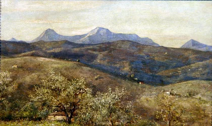 Spring landscape with a distant view of Monte Catria: Early Morning
