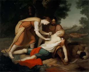 Erminia and Vafrino discover the wounded Tancrede (song 19 from Jerusalem Delivered by Torquato Tasso)