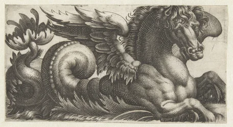 Winged sea horse with an open leaf at the end of its tail, from which two stamens protrude. Friezes with Sea Monsters (series title)