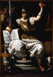 Allegory of Justice as a Woman Holding a Sword and Scales. Painting by Giovanni Andrea de Ferrari (circa 1598-1669), 17th century, Genoa, Galleria di Palazzo Bianco