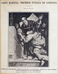 Saint Martial, first bishop of Limoges. During the celebration of the Eucharistic sacrifice, the Virgin Valerie comes to present her bloody head to Saint Martial. Engraving after Spadarino painting