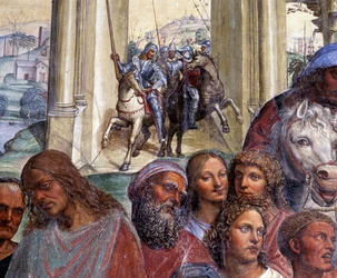 How Benedict meets the young Romans Maurus and Placid. Detail of the escort of young men leaving Rome - fresco in the cloister by Antonio Bazzi, called Il Sodoma (1477-1549), recounting the life of Saint Benedict