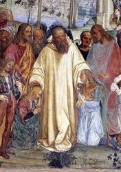 Saint Benedict receives two young Romans, Maurus and Placidus. Detail of a cloister fresco by Antonio Bazzi, called Il Sodoma (1477-1549), recounting the life of Saint Benedict of Nursia (480-567)