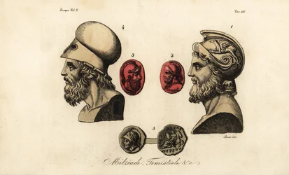 Busts and gems of Athenian politicians Miltiades the Younger, Themistocles, and King Pyrrhus I