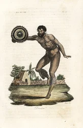 Naked Tattooed Man of Hawaii Dancing for Captain James Cook