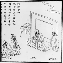 Lao Tzu meeting Confucius. Chinese engraving.