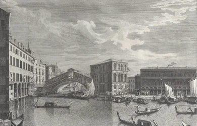 The Rialto Bridge, Venice, with Boats and Gondolas in the Water