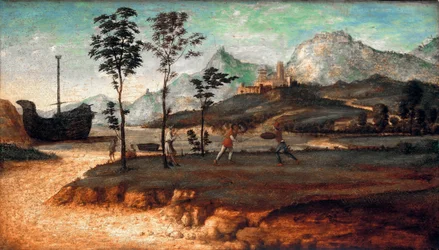 Coastal Landscape with two men fighting