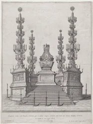 Catafalque for Pope Clement X, central structure at the top of a fifteen step platform