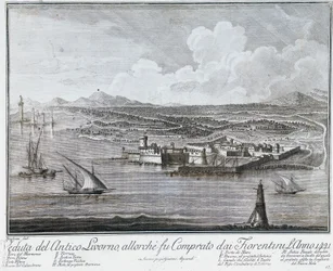 View of Livorno port when it was purchased by Florentines in 1421, engraving from Collection of best views of City and Port of Livorno
