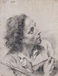 An Astronomer Holding a Book and a Telescope, Looking up to the Right