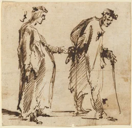 A Pregnant Young Woman and a Young Man with a Staff