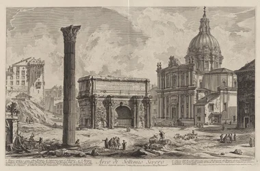 Arch of Septimius Severus. Through its middle passed the ancient Via Sacra, which brought the victors to the Capitol (with the church of Santi Martina e Luca)