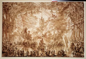 Inside a palace: two flying figures crown a character. Drawing by Giovanni Piranesi