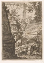 Title Page with Title on Marble Block in a Landscape with Ruins