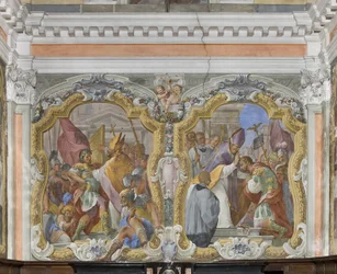 Saint Ambrose banishing the Emperor Theodosius from the Temple and The penitence and blessing of Theodosius