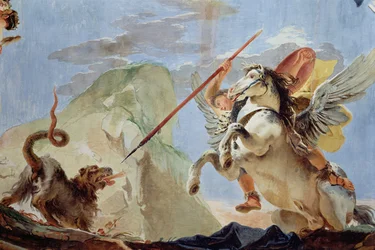 Bellerophon, riding Pegasus, slaying the Chimaera, detail of the ceiling fresco