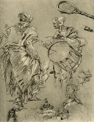 Man seen from behind, a drummer and small studies
