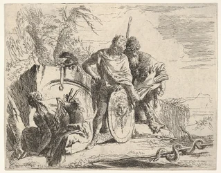 Three figures and a snake coiled around a staff, surrounded by a landscape