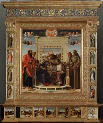 Altarpiece Bellini: central part “Coronation of the Virgin between Saint Peter and Saint Paul (left) and Saint Jerome and Saint Francis of Assisi (right)” Oil painting by Giovanni Bellini